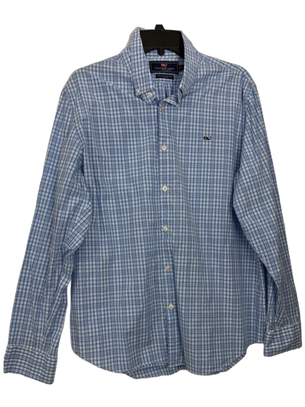 VINEYARD VINES Blue & White Tattersall Check Slim Fit Whale Shirt  Size L